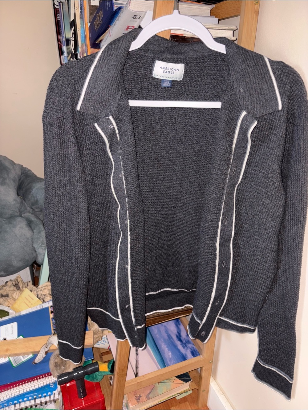 American Eagle Outfitters Charcoal Gray Sweater Cardigan with Cream Trim
